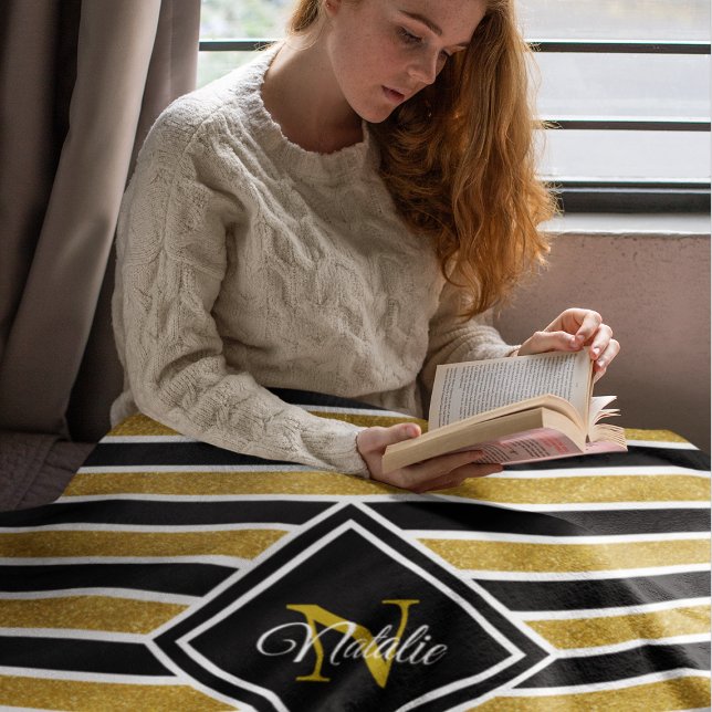 Modern Gold Glitter Black White Stripes Monogram Fleece Blanket (Creator Uploaded)