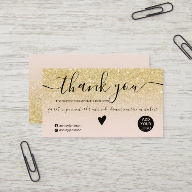 Modern gold glitter blush order thank you business card | Zazzle