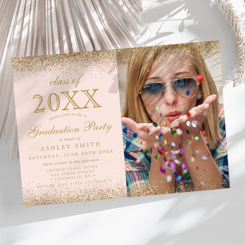 Modern Gold Glitter Blush Pink Photo Graduation Invitation