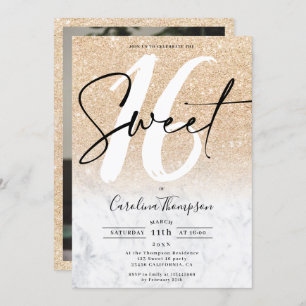 Modern gold glitter border marble photo Sweet 16 Invitation