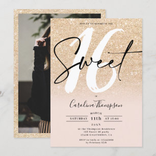 Modern gold glitter border script photo Sweet 16 Invitation