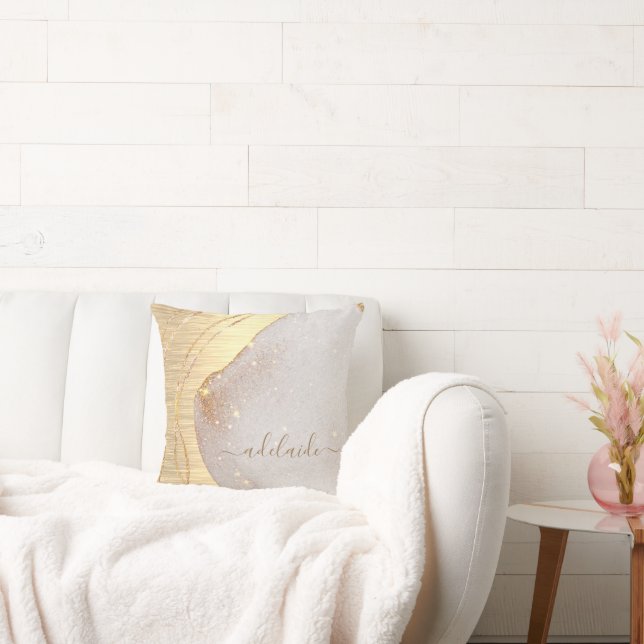 Modern Gold Glitter Brushed Metal Monogram Name Throw Pillow (Couch)