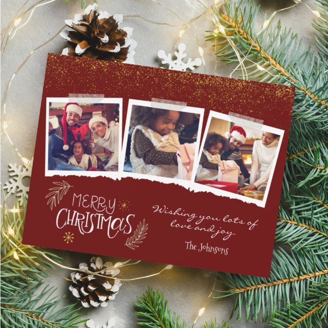 Modern Gold Glitter Burgundy Merry Christmas Photo Holiday Card (Creator Uploaded)