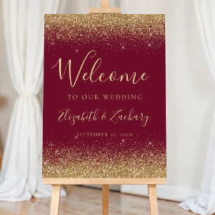 Modern Gold Glitter Burgundy Red Wedding Welcome Foam Board