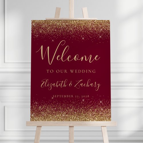 Modern Gold Glitter Burgundy Red Wedding Welcome Foam Board