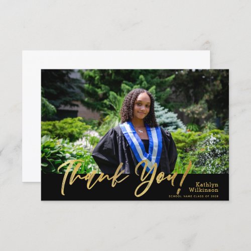 Modern Gold Glitter Calligraphy Photo Graduation Thank You Card