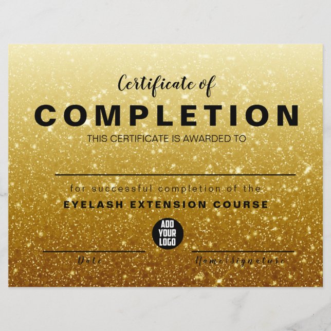 Modern  Gold Glitter Certificate of Completion (Front)