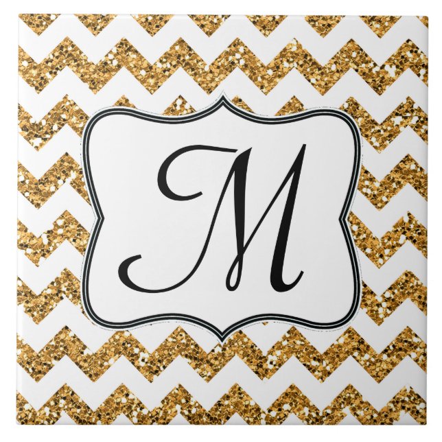 Modern Gold Glitter Chevron Monogram Display Tile (Front)