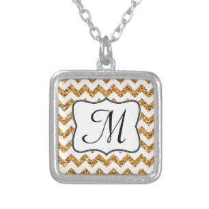 Modern Gold Glitter Chevron Zig Monogram Necklace