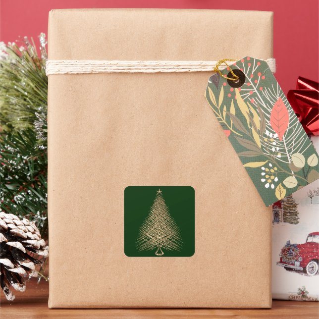 Modern Gold Glitter Christmas Tree Green Square Sticker (Holiday)
