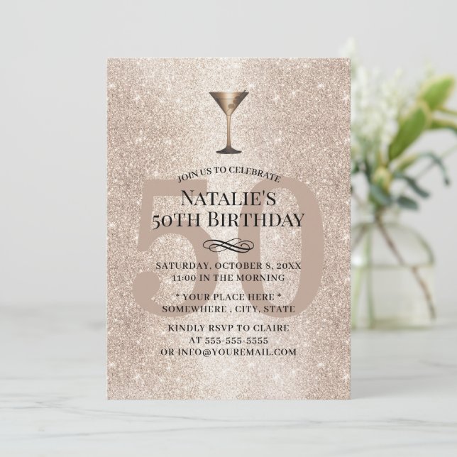 Modern Gold Glitter Cocktail Girl 50th Birthday Invitation (Standing Front)