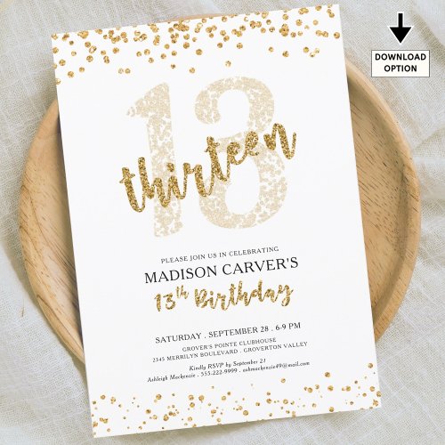 Modern Gold Glitter Confetti 13th Birthday Invitation