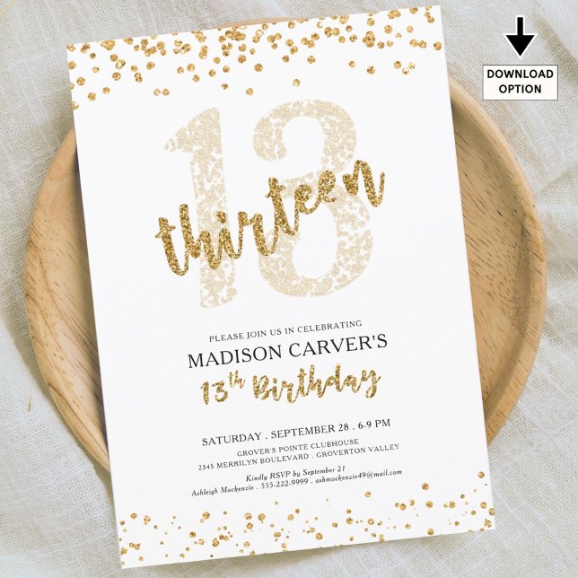 Modern Gold Glitter Confetti 13th Birthday Invitation (Creator Uploaded)