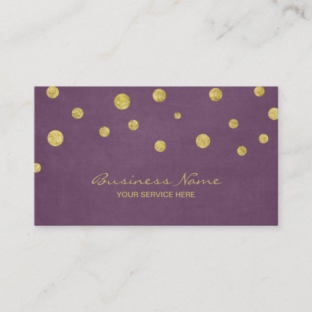 Modern Gold Glitter Confetti Dots Violet Business Card (Front)