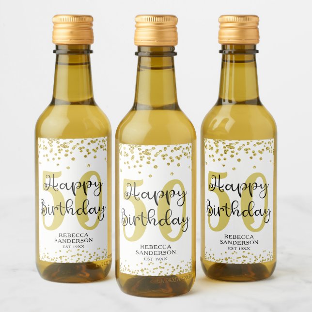 Modern Gold Glitter Confetti HAPPY 50th BIRTHDAY Wine Label (Bottles)