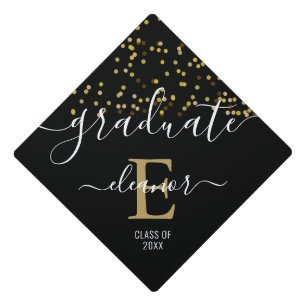 Modern Gold Glitter Confetti Monogram Name Graduation Cap Topper