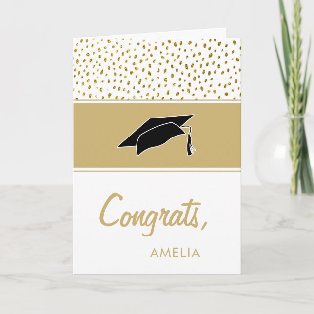 Modern Gold Glitter Congrats Graduation Cap Card (Front)