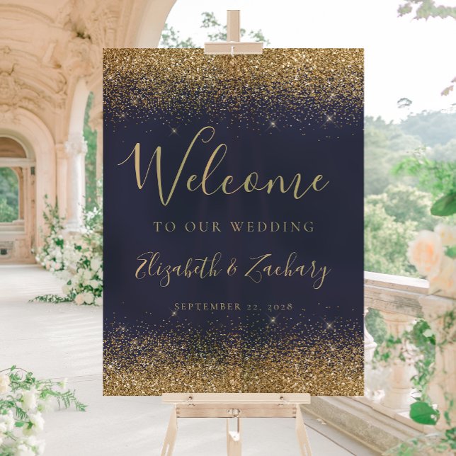 Modern Gold Glitter Dark Blue Wedding Welcome Acrylic Sign (Creator Uploaded)