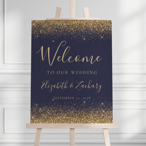 Modern Gold Glitter Dark Blue Wedding Welcome Foam Board