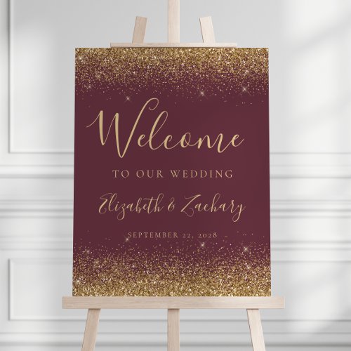 Modern Gold Glitter Dark Burgundy Wedding Welcome Foam Board