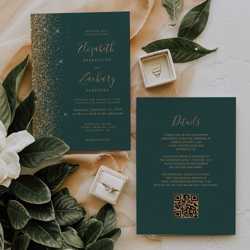 Modern Gold Glitter Dark Green QR Code Wedding Invitation