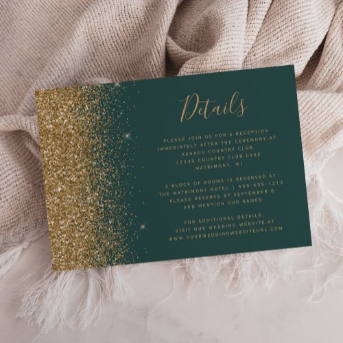 Modern Gold Glitter Dark Green Wedding Details Enclosure Card
