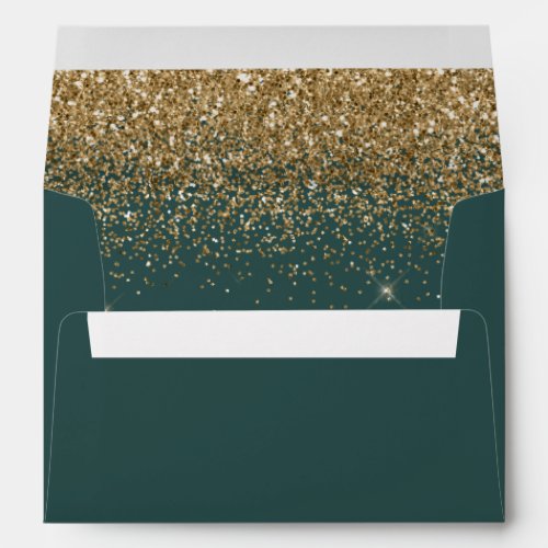 Modern Gold Glitter Dark Green Wedding Envelope