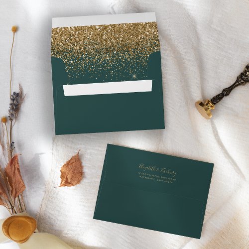 Modern Gold Glitter Dark Green Wedding Envelope