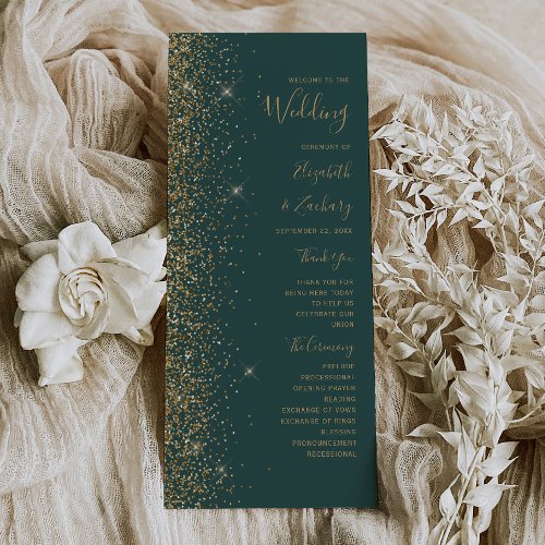 Modern Gold Glitter Dark Green Wedding Program