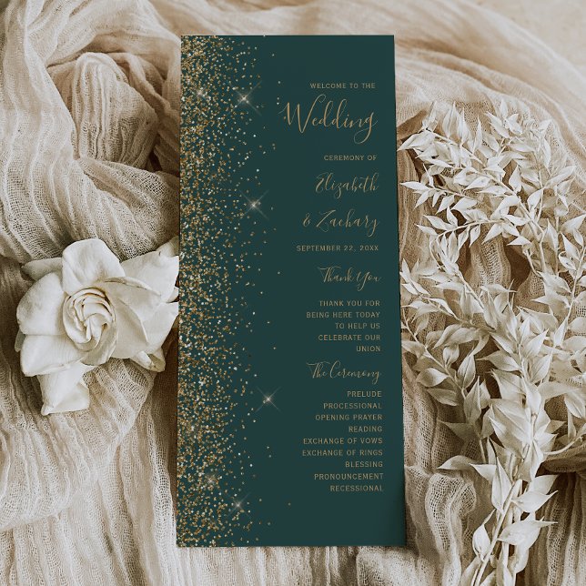 Modern Gold Glitter Dark Green Wedding Program (Creator Uploaded)