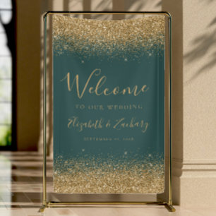 Modern Gold Glitter Dark Green Wedding Welcome Banner