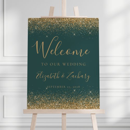 Modern Gold Glitter Dark Green Wedding Welcome Foam Board