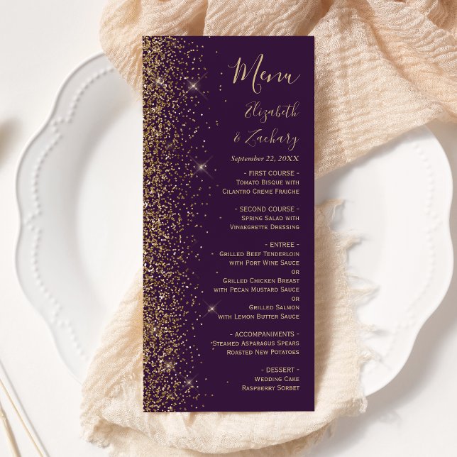 Modern Gold Glitter Dark Purple Wedding Menu (Creator Uploaded)