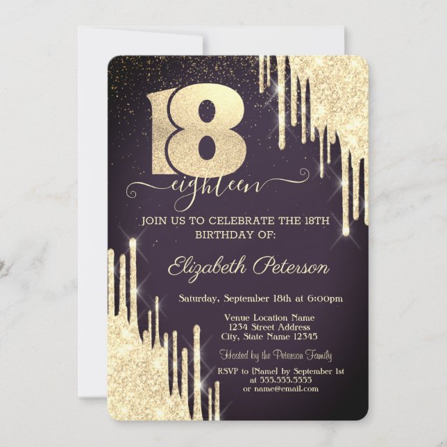 Modern Gold Glitter Drips 18th Burgundy Birthday  Invitation (Front)