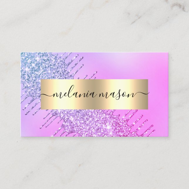 Modern Gold Glitter Drips Makeup Artist Purple Business Card (Front)