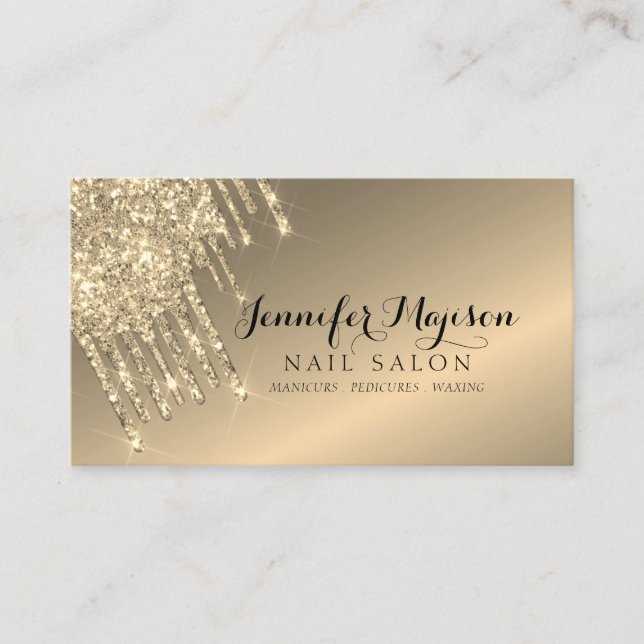 Modern Gold Glitter Drips Nail Salon Elegant Gold Business Card (Front)