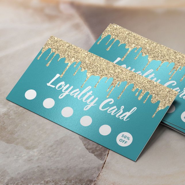 Modern Gold Glitter Drips Turquoise Salon Loyalty (Creator Uploaded)
