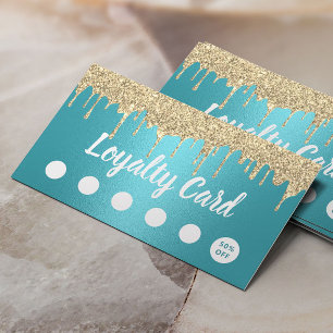 Modern Gold Glitter Drips Turquoise Salon Loyalty Card