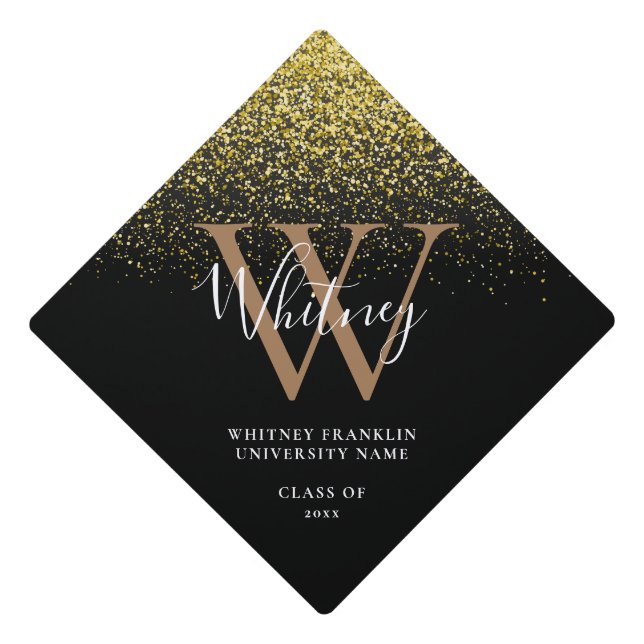 Modern Gold Glitter Elegant Script Monogram Graduation Cap Topper (Front)