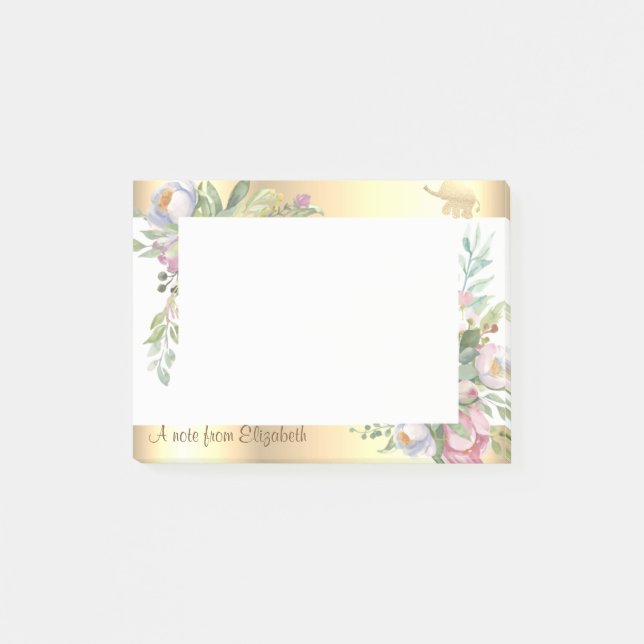 Modern Gold Glitter  Elephant Flowers-Personalized Post-it Notes (Front)