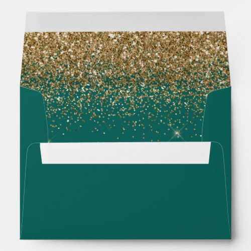 Modern Gold Glitter Emerald Green Wedding Envelope