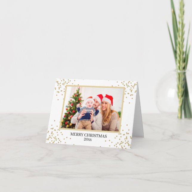 Modern Gold Glitter Family Photo Christmas Folded Holiday Card (Front)