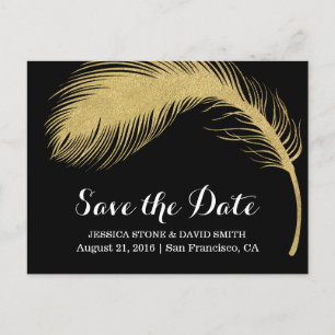 Modern Gold Glitter Feather Wedding Save the Date Announcement Postcard