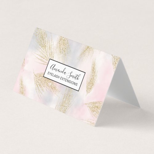 Modern gold glitter feathers pink watercolor business card