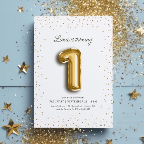 Modern Gold Glitter Foil Balloon 1st Birthday Invitation
