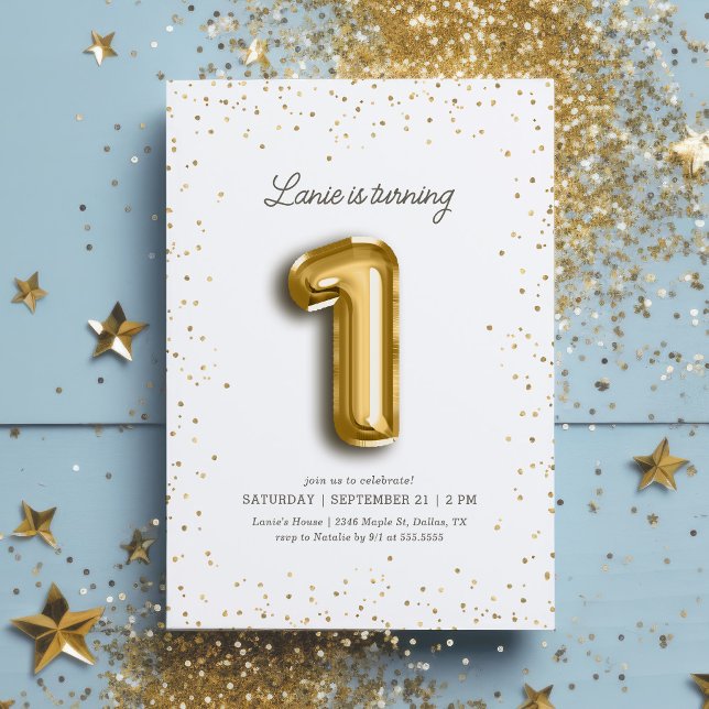 Modern Gold Glitter Foil Balloon 1st Birthday Invitation (Creator Uploaded)
