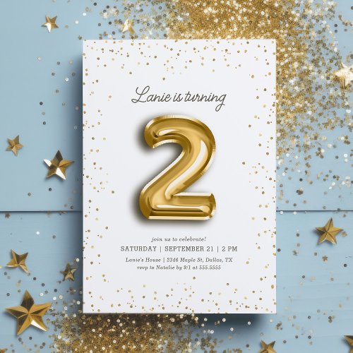 Modern Gold Glitter Foil Balloon 2nd Birthday Invitation