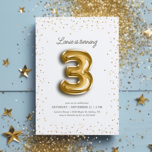 Modern Gold Glitter Foil Balloon 3rd Birthday Invitation