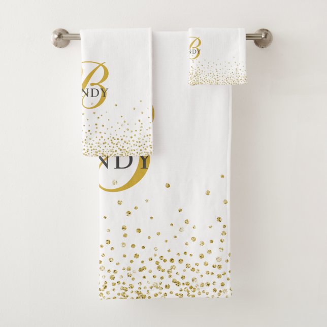 Modern Gold Glitter Gold Monogram Script  Bath Towel Set (Insitu)