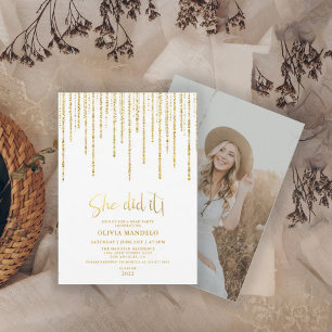 Modern Gold Glitter Grad Party Photo Invitation